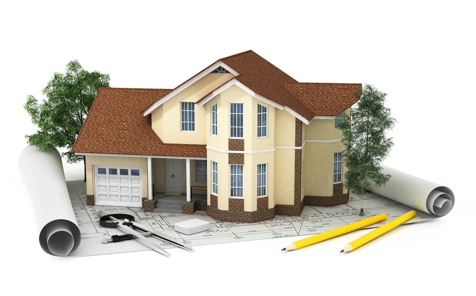 3D Rendering Of A House With Garage On Top Of Blueprints